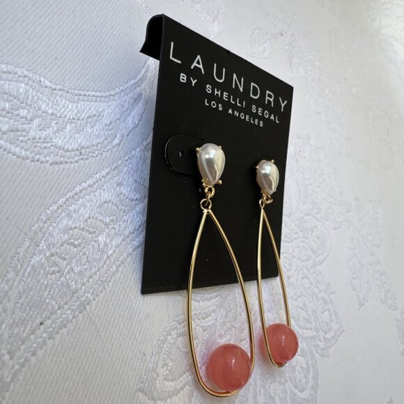 Laundry by Shelli Segal Orange Bead Pearl Goldtone Oval Hoops Dangle Drop NEW - Picture 5 of 10